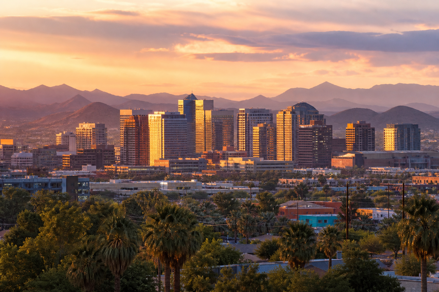Downtown Phoenix skyline against desert mountains